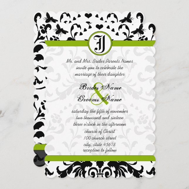 Apple Green Black Bubble Bee Damask Wedding Invite (Front/Back)