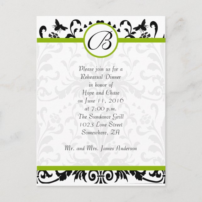 Apple Green Black Bumble Bee Rehearsal Dinner Postcard (Front)