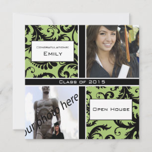 Apple Green & Black Damask Graduation Invitation