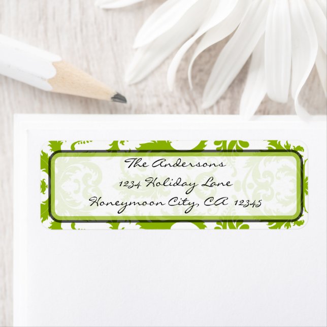 Apple Green & Black Damask Swirl  Address Label (Insitu)