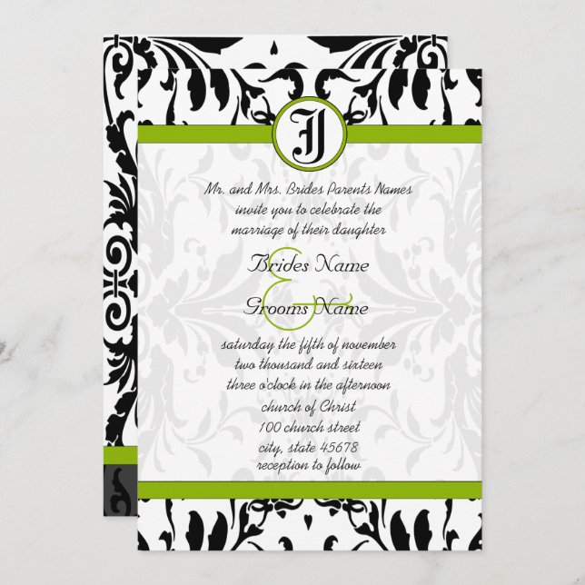 Apple Green & Black Damask Wedding Invitation (Front/Back)