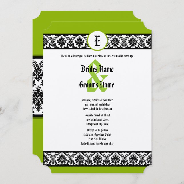Apple Green & Black Damask Wedding Invitation (Front/Back)