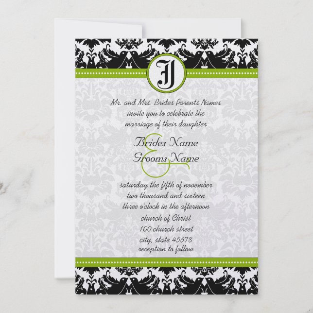 Apple Green Black Love Bird Damask Wedding Invite (Front)