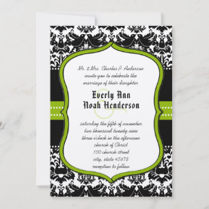 Apple Green Black Love Bird Damask Wedding Invite