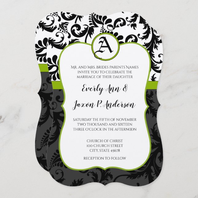 Apple Green Black Unique Damask Wedding Invitation (Front/Back)