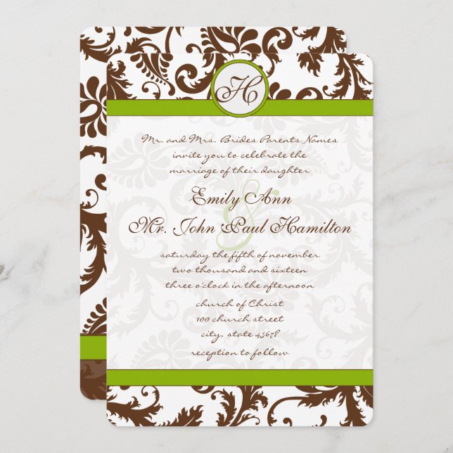 Apple Green & Brown Damask Wedding Invitation (Front/Back)