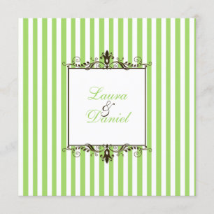 Apple Green, Brown, White Stripes Scrolls Invite
