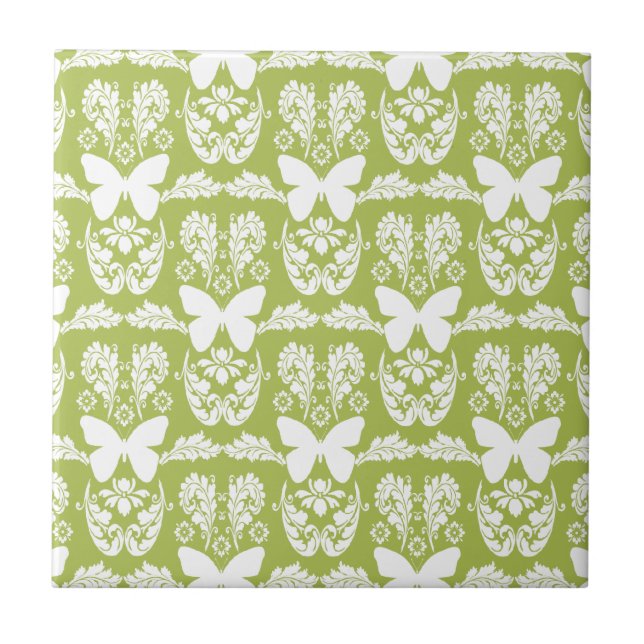 Apple Green Butterfly Damask Ceramic Tile Trivet (Front)