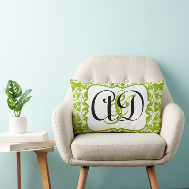 Apple Green Damask Black Monogram Bride's Pillow (Chair)