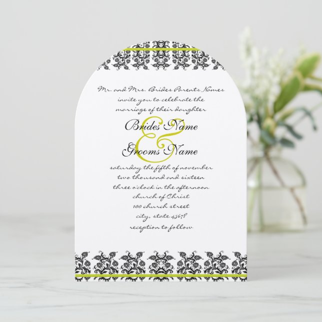 Apple Green Damask Borders Wedding Invitation (Standing Front)