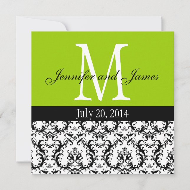Apple Green Damask Monogram Wedding Invitation (Front)