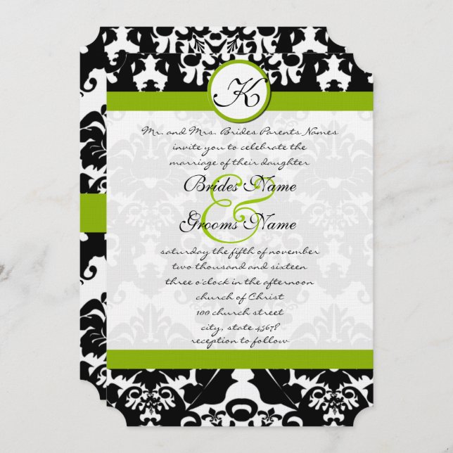Apple Green Damask Swirls Wedding Invitation (Front/Back)