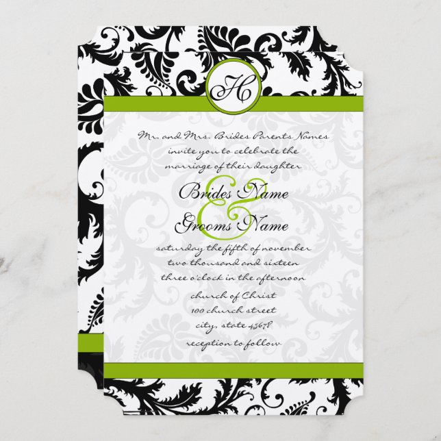 Apple Green Damask Swirls Wedding Invitation (Front/Back)