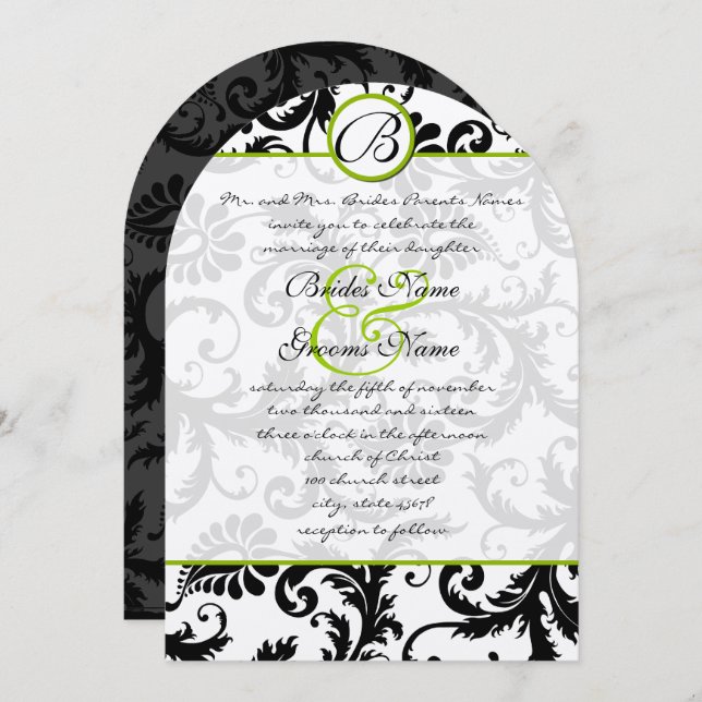 Apple Green Damask Swirls Wedding Invitation (Front/Back)