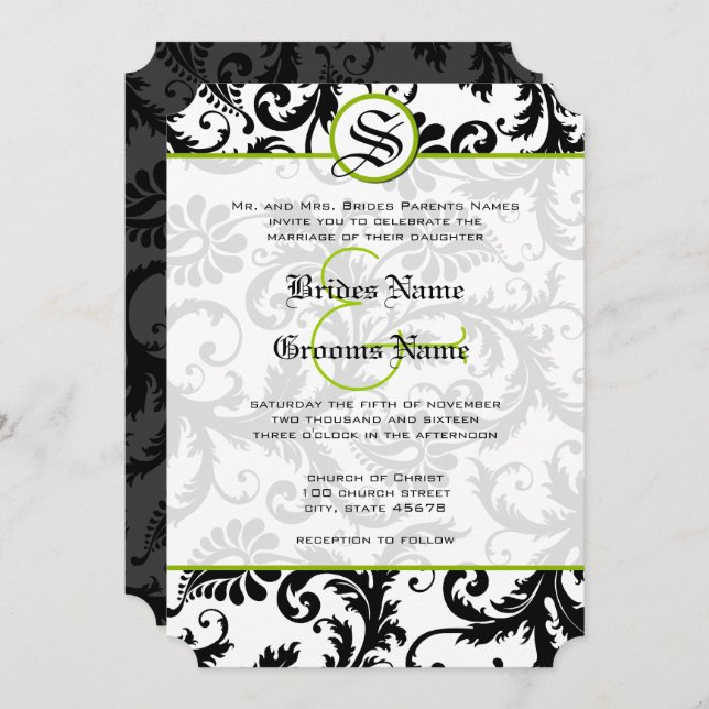 Apple Green Damask Swirls Wedding Invitation (Front/Back)