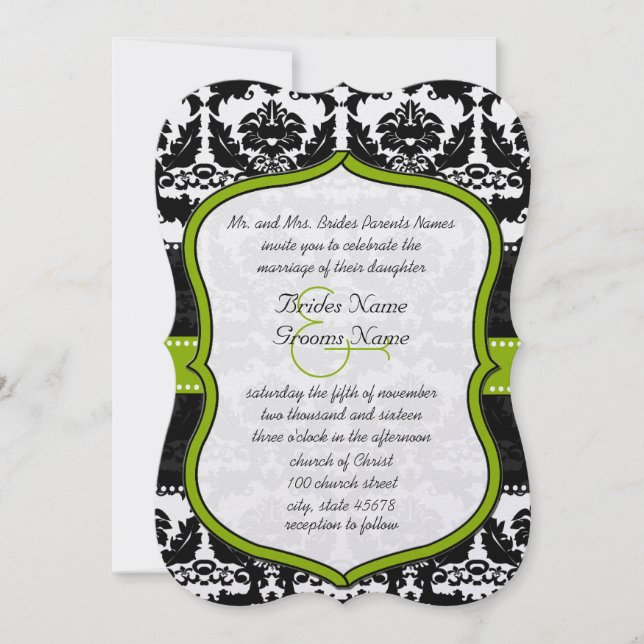 Apple Green Hearts Vintage Damask Wedding Invite (Front)