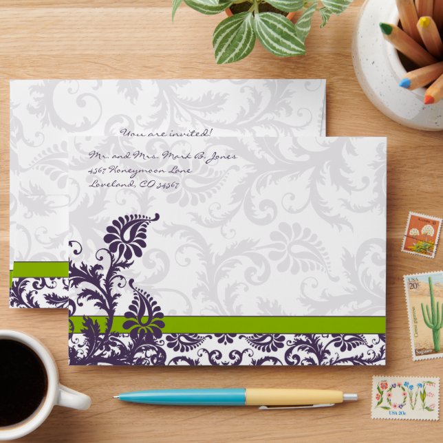 Apple Green Lapis Purple Damask Wedding Envelopes (Desk)