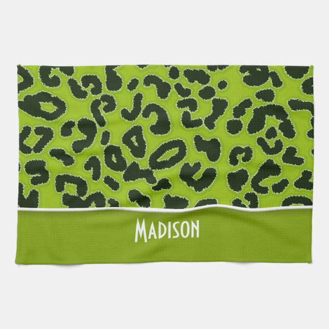 Apple Green Leopard Animal Print; Personalised Tea Towel (Horizontal)