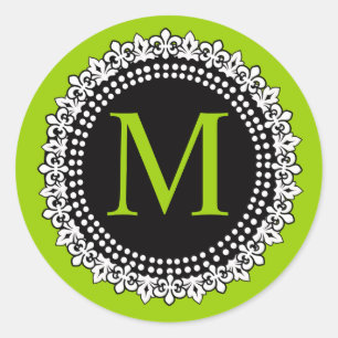 Apple Green Monogram M Fleur de lis Wedding Label