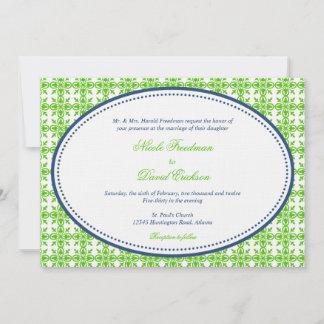 Apple green navy oval beaded preppy custom wedding invitation