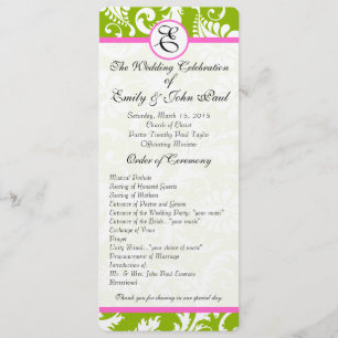 Apple Green & Pink Damask Swirls Wedding Program Programme
