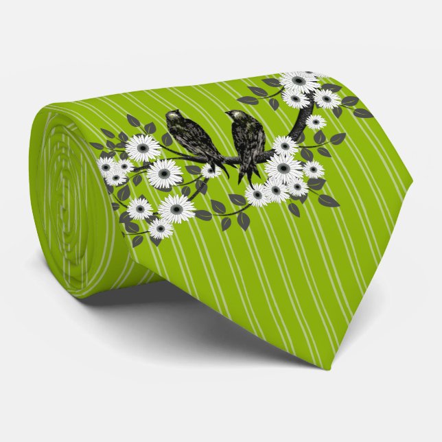 Apple Green Stripes Vintage Bird Daisy Wedding Tie (Rolled)