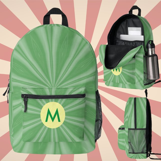 Apple Green Sunburst Monogrammed Yellow Circle Printed Backpack (Creator Uploaded)