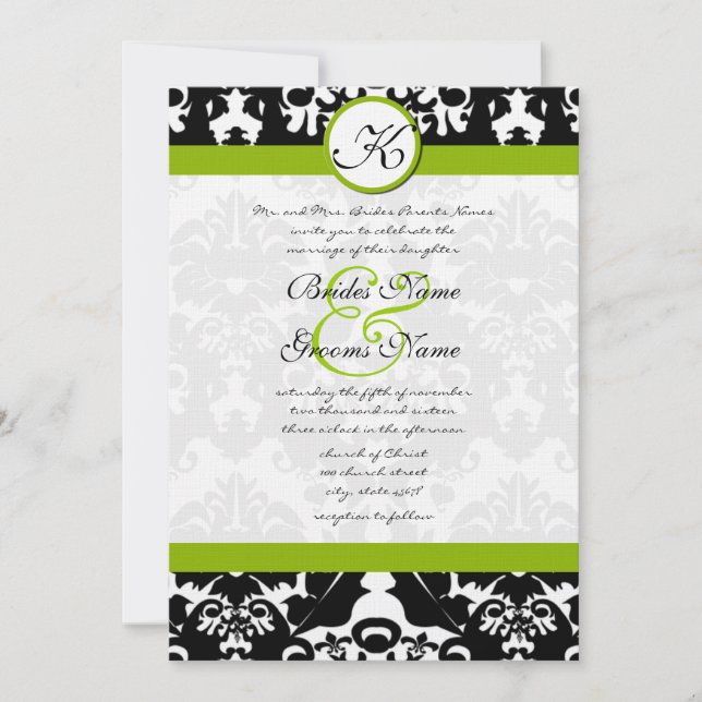 Apple Green Victorian Damask Wedding Invitation (Front)