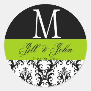 Apple Green Wedding Monogram Date Damask Sticker
