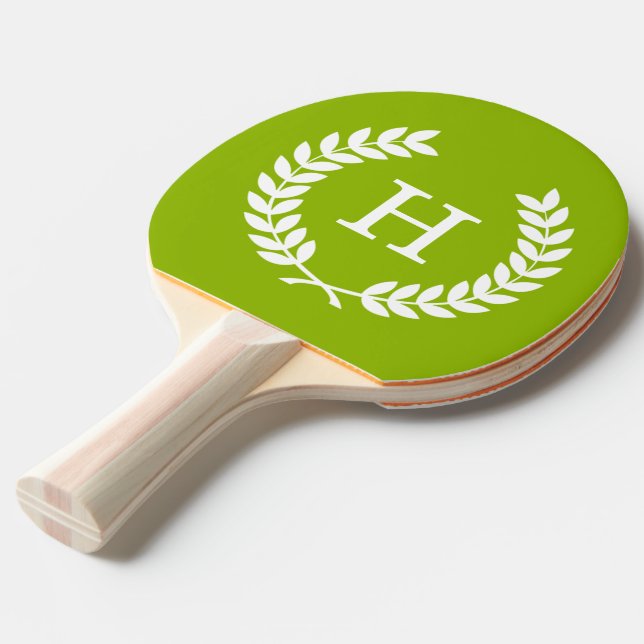 Apple Green Wheat Laurel Wreath Initial Monogram Ping Pong Paddle (Front Angle)