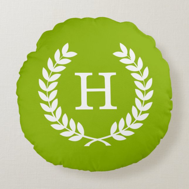 Apple Green Wheat Laurel Wreath Initial Monogram Round Cushion (Front)