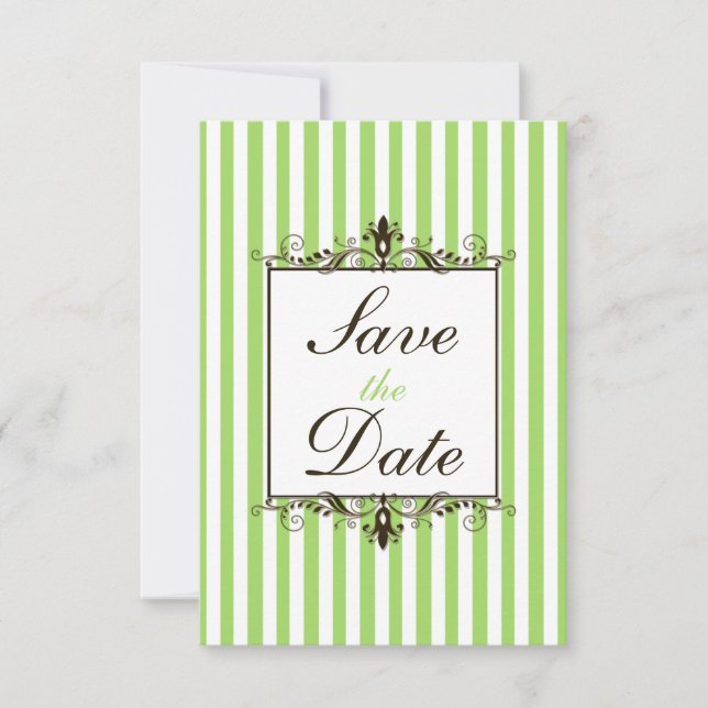 Apple Green, White, Brown Striped Save the Date (Front)