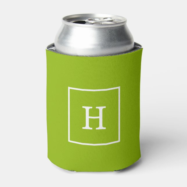 Apple Green White Framed Initial Monogram Can Cooler (Can Front)