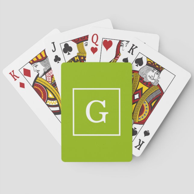Apple Green White Framed Initial Monogram Playing Cards (Back)