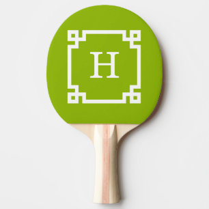 Apple Green White Greek Key #2 Framed Monogram Ping Pong Paddle