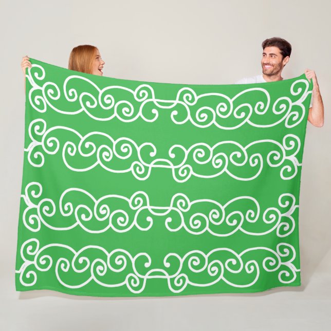 Apple green white scrolls fleece blanket (In Situ)