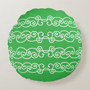 Apple green white scrolls round cushion