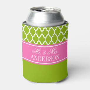 Apple Green Wht Moroccan #4 Hot Pink Name Wedding Can Cooler