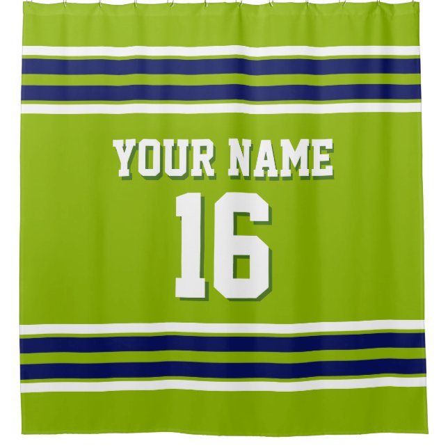 Apple Green with Navy White Stripes Sports Jersey Shower Curtain (Front)