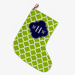 Apple Green Wt Moroccan #5 Navy 3 Initial Monogram Large Christmas Stocking