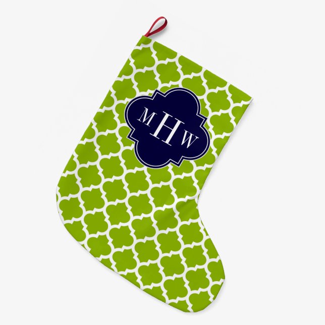 Apple Green Wt Moroccan #5 Navy 3 Initial Monogram Large Christmas Stocking (Front (Hanging))