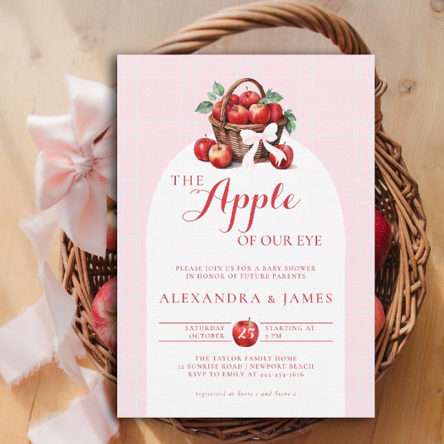 Apple Harvest Bow Couple Dainty Fall Girl Shower Invitation (fall baby shower invitation apple of our eye girl watercolor rustic elegant coed couple pink bow)