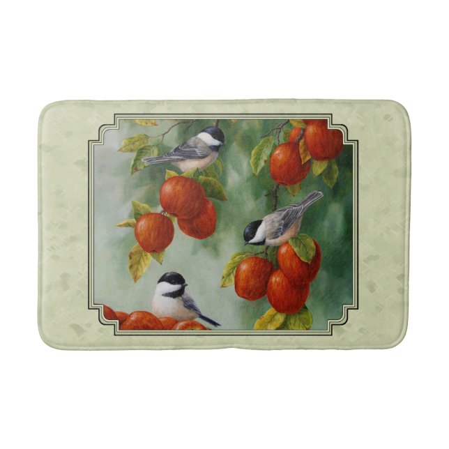 Apple Harvest Chickadees Green Bath Mat (Front)