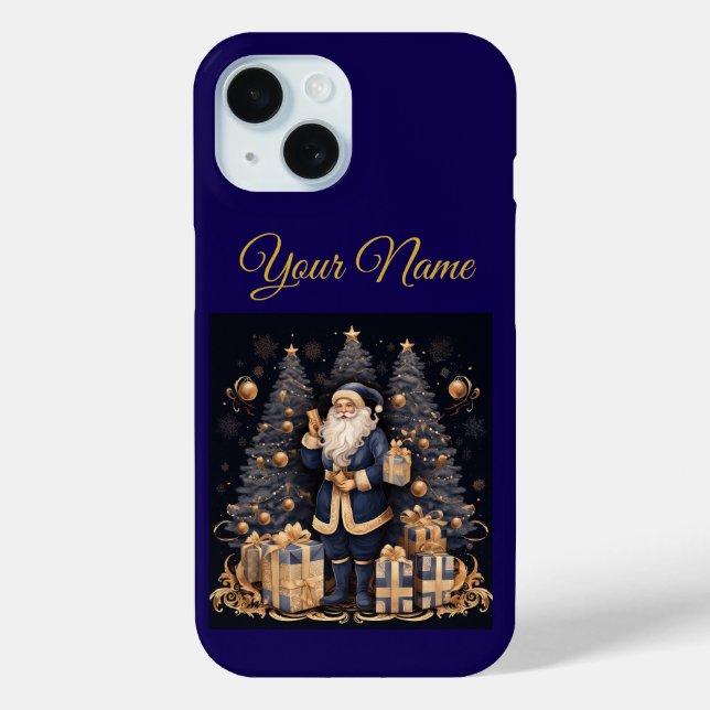 Apple IPhone Case 15-Navy Blue & Gold Xmas (Back)