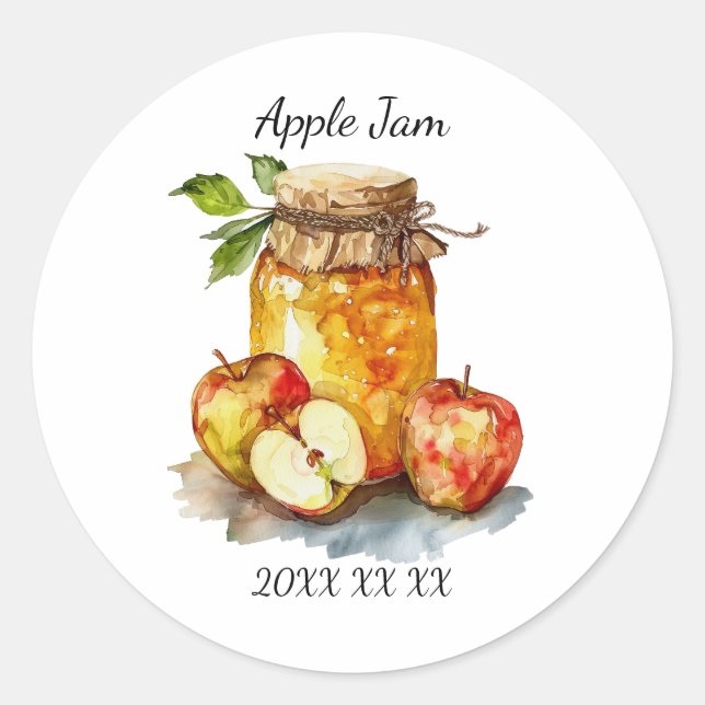 Apple Jam Jar and Apples Watercolor Classic Round Sticker (Front)