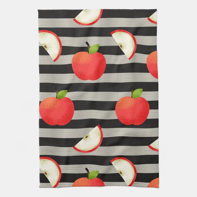Apple Modern Black & White Stripes Tea Towel (Vertical)