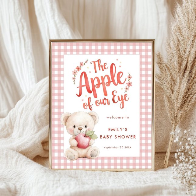 Apple of Eye Bear Pink Gingham Welcome Baby Shower Poster (Also available digitally)