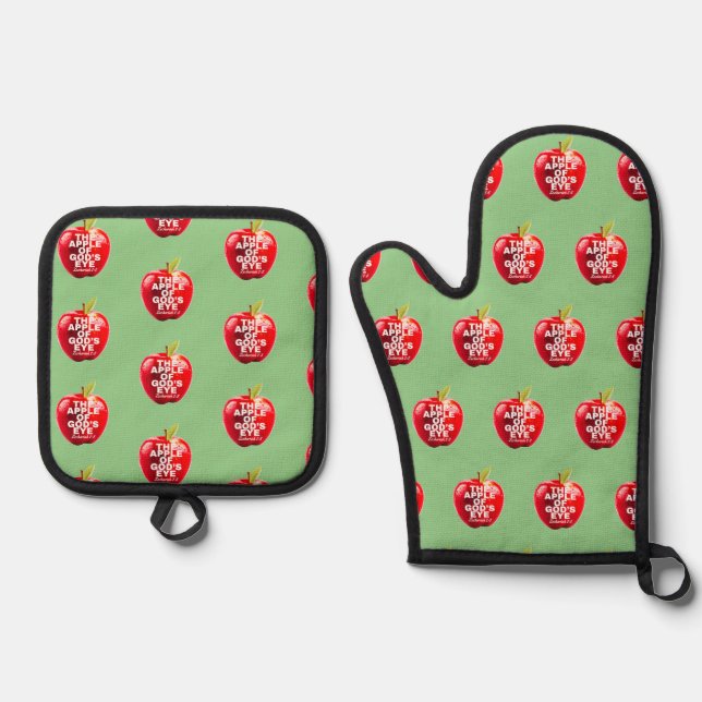 Apple Of God's Eye Red and Olive Oven Mitt & Pot Holder Set (Front)