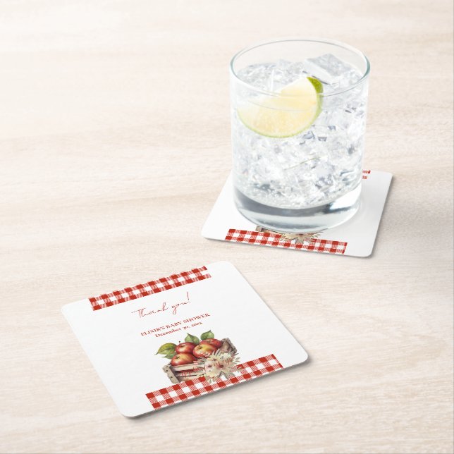 Apple of my eye Red Orchard Baby Shower Square Paper Coaster (Insitu)