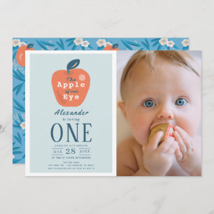 Apple of our Eye Blue Boy Photo 1st Birthday Invitation